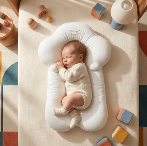 Newborn baby sleeping in a white cushion surrounded by colorful blocks on a wooden floor.