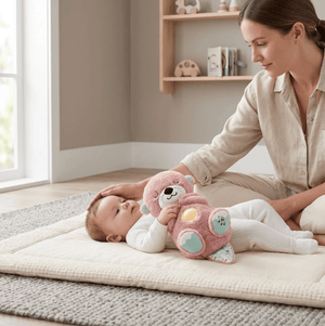 Woman and baby playing with a pink teddy bear on a mat in a room.