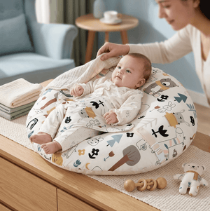 Baby sitting in a patterned cushion with a woman in a living room setting.