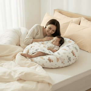 Woman lying on a bed with a baby on a colorful pillow