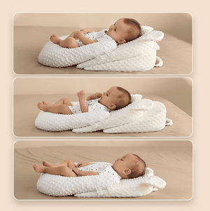 Collage of a baby lying on a white textured pillow against a beige background