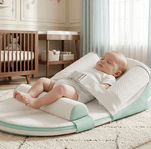 Baby lying on a white and green baby lounger in a nursery.