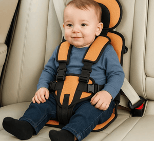 Child in an orange and black car seat inside a vehicle.