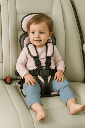 Child in a car seat with safety harness