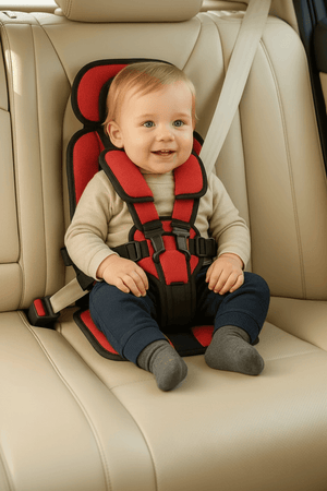 Child in a red and black car seat