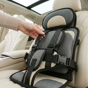 Child safety seat being adjusted in a car interior