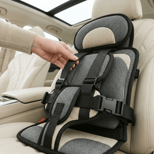 Child safety seat being adjusted in a car interior