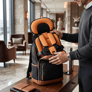 Man holding a black and orange backpack with a child's car seat inside in a modern interior setting.