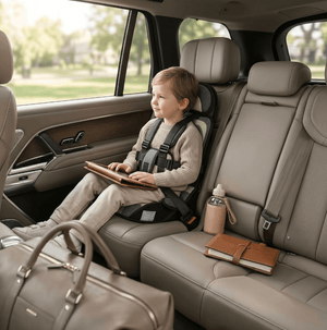 Child in a car seat using a tablet in a vehicle interior.