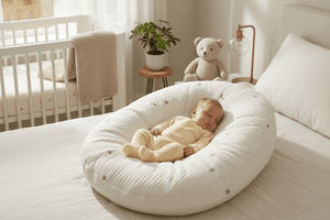 Baby lying in a white baby nest in a cozy room with a crib and teddy bear in the background.
