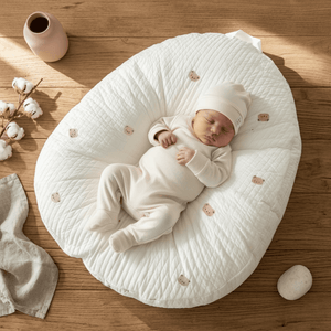 Newborn baby in a white outfit lying on a textured round pillow on a wooden floor.