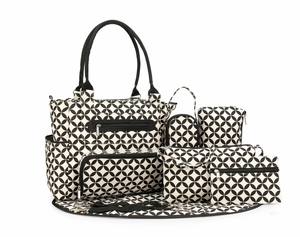 Black and white geometric patterned diaper bag set on a white background