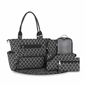 Black geometric patterned diaper bag with multiple pockets on a white background