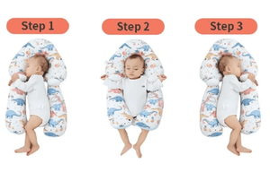 Step-by-step demonstration of a baby being placed in an inflatable crib with dinosaur pattern.