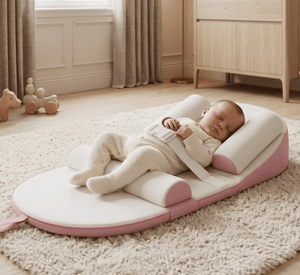 Baby lying on a pink and white safety cushion in a nursery.