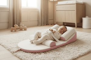 Baby lying on a pink and white baby mat in a nursery with toys and furniture.