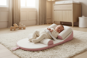 Baby lying on a pink and white baby mat in a nursery with toys and furniture.