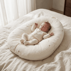 Baby sleeping on a white cushion in a softly lit room