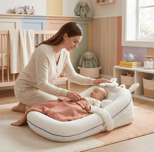 Woman tending to a baby in a crib in a nursery