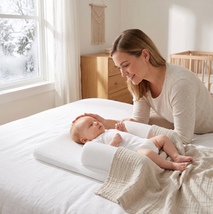 A baby lying on a white textured mattress protector or pillow on a bed, with a woman leaning over the bed and smiling. The scene is set in a bright, modern nursery with natural light coming from a window.