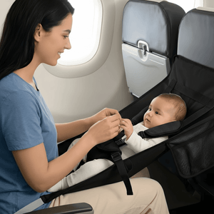 Woman sitting in an airplane seat with a baby in a high chair