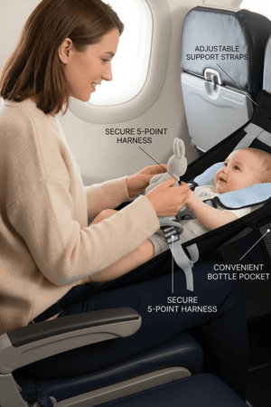 Woman holding a baby in an airplane seat with features highlighted