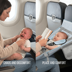 Comparison of a crying baby with a mother and a baby in a car seat with text 'Chaos and Discomfort' and 'Peace and Comfort'.