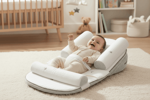 A baby lying on a white and gray baby lounger bassinet on a cream rug in a softly lit nursery. The baby is wearing a cream outfit and smiling with one arm raised.