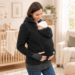 A woman in a baby carrier hoodie jacket with a newborn baby inside, standing in a softly lit nursery.