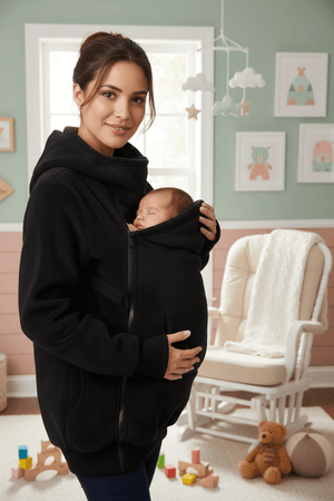 Woman holding a baby in a black wrap in a nursery.