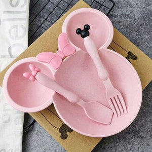 Minnie Mouse 3-Piece Baby Tableware Set: Wheat Straw Bowl, Plate, and Utensils.