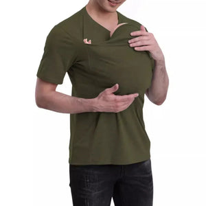 Person wearing a green t-shirt on a white background