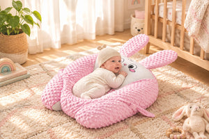 A baby lying on a pink bunny-shaped textured baby lounger on a beige bed.