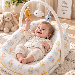 A baby lies in a padded bassinet with a white arch and hanging toys, photographed in a softly styled nursery. The bassinet fabric is cream with a small pastel animal print, and the baby is wearing a matching cream outfit.