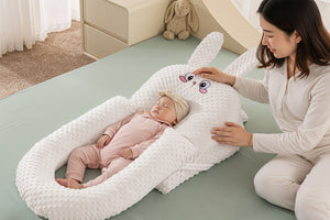 A baby lying in a white U-shaped inclined sleeper pillow with a soft texture, designed for anti-reflux and secure sleeping.