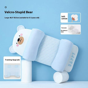 White bear-shaped toy with text and icons on a blue background