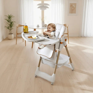 Child in a high chair in a kitchen setting