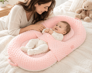 A baby in a white onesie lies on a pink textured baby lounger on a white bed, with a woman leaning in from the side and a teddy bear in the background.