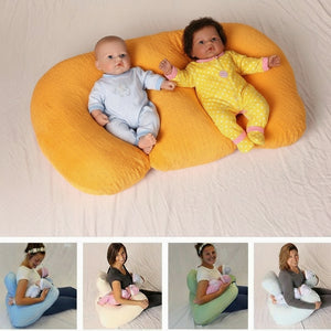Collage of a U-shaped baby pillow with babies and people using it.
