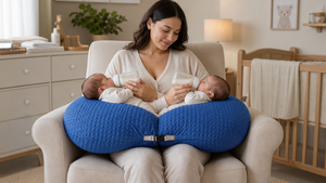Woman breastfeeding twins using a blue nursing pillow in a home setting.