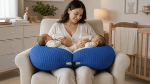 Woman breastfeeding twins using a blue nursing pillow in a home setting.