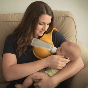 Woman holding a baby and feeding it with a bottle on a couch.