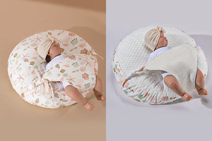 A newborn lounger pillow with a printed design, featuring a baby lying on it in a supine position.