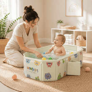 Woman playing with a baby in a colorful playpen in a bright room.