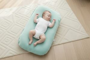 Baby lying on a green baby lounger nest on a wooden floor with toys around