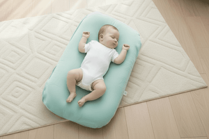 Baby lying on a green baby lounger nest on a wooden floor with toys around