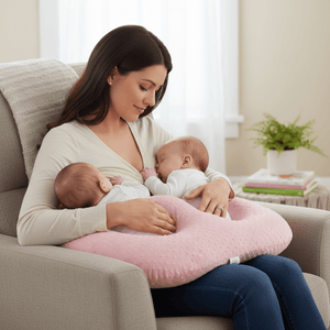 Woman breastfeeding twins using a pink nursing pillow in a cozy living room.