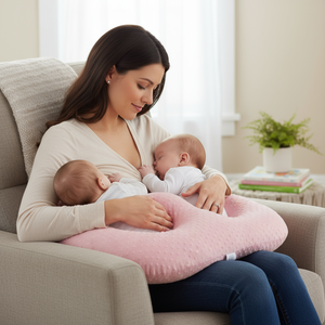 Woman breastfeeding twins using a pink nursing pillow in a cozy living room.