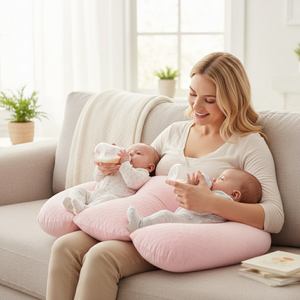 Woman sitting on a couch with two babies using a pink nursing pillow.