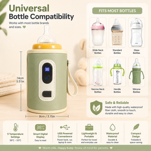 Universal bottle warmer with compatibility chart for various bottle types on a beige background